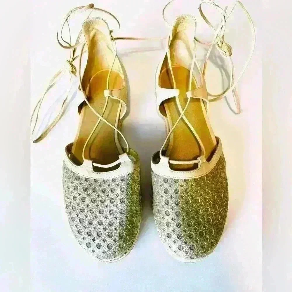 Stuart Weitzman Espadrille with Mesh and Leather Strap-Up Laces.